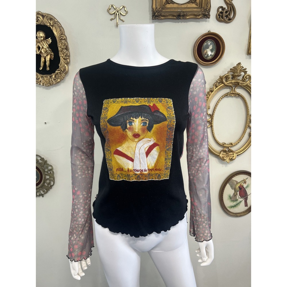 Vintage Y2K Graphic Portrait Floral Mesh Long Sleeve Top Size S